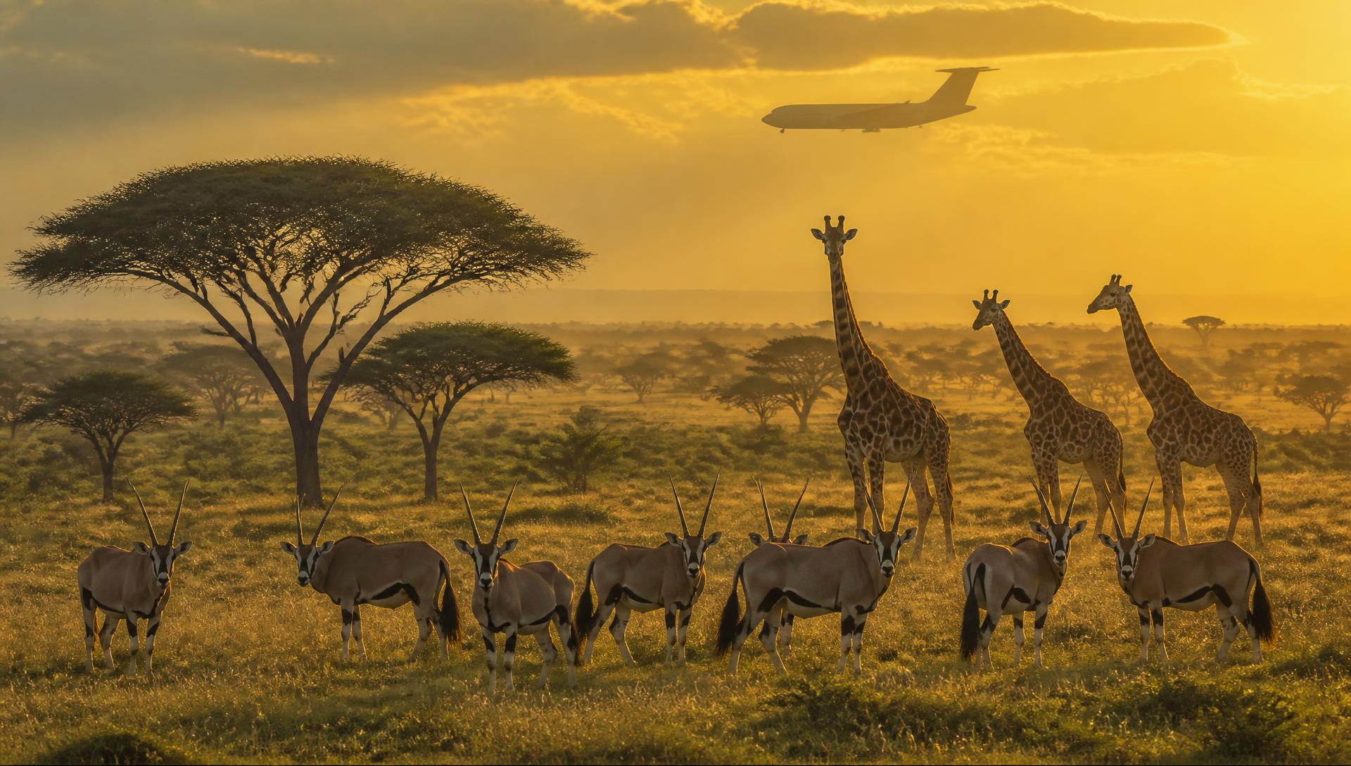 Oryx and giraffes on an African savanna at golden hour